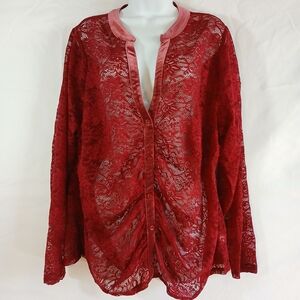 Lane Bryant red top lace ruching button up sheer  fitted Sz 22 romantic holiday